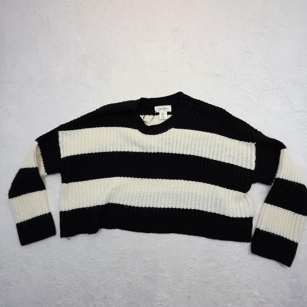 Jessica Simpson Sweater Womens M Black White Striped Chunky Knit Cropped Pullove